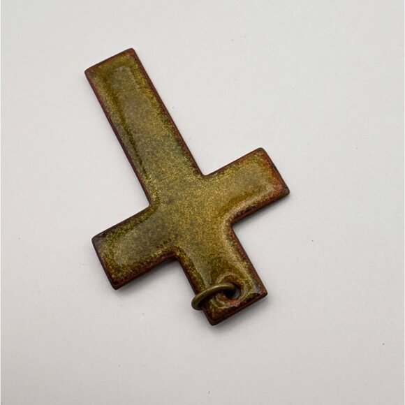 Vintage Enamel Cross Pendant Green and Bronze Tone Double Sided Religious - Picture 6 of 7